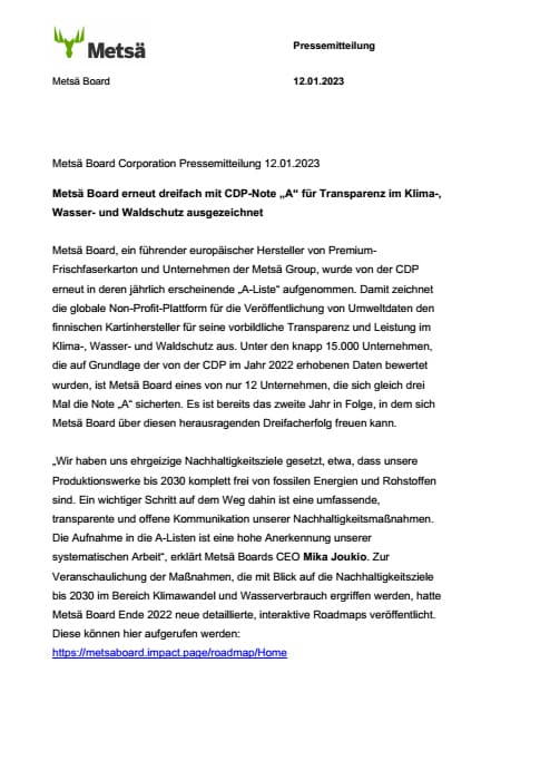 Metsä Board erneut dreifach mit CDP-Note "A" für Transparenz im Klima-, Wasser- und Waldschutz ausgezeichnet